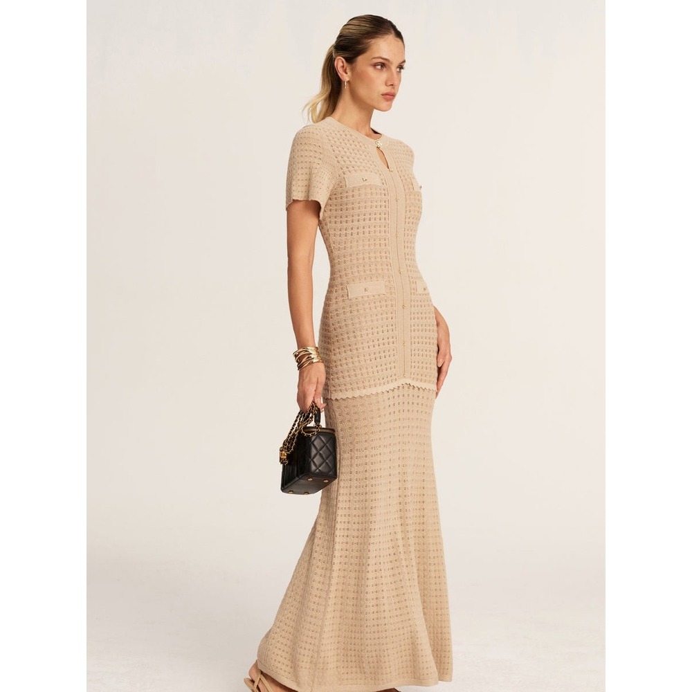 Commense Beige Pointelle Knit Button Front Maxi Dress XS Gold Flower Buttons